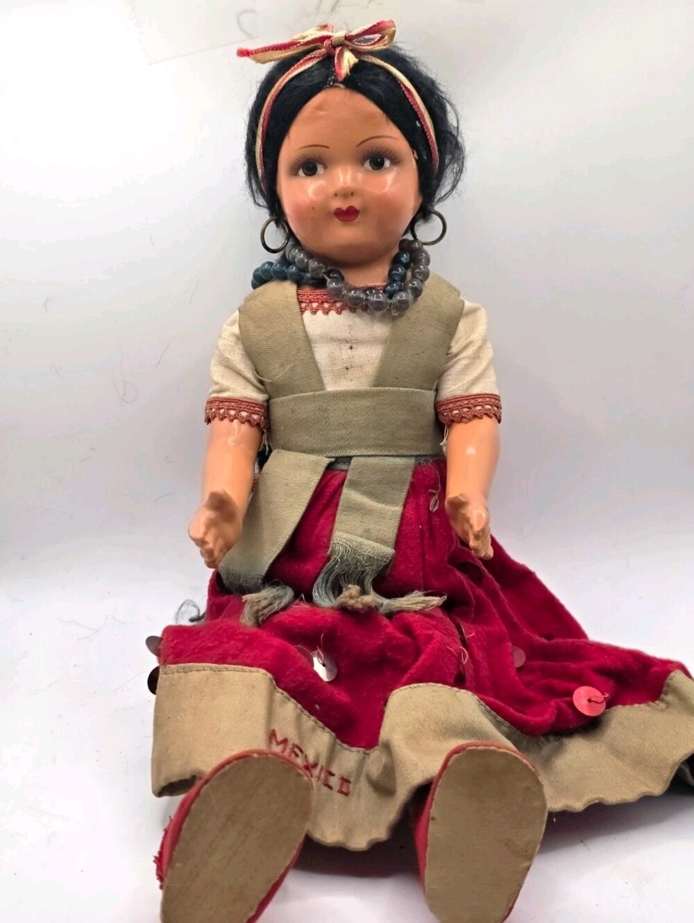 Antique Mexican Doll Composition Cloth Folk Art Sequin Skirt 14"